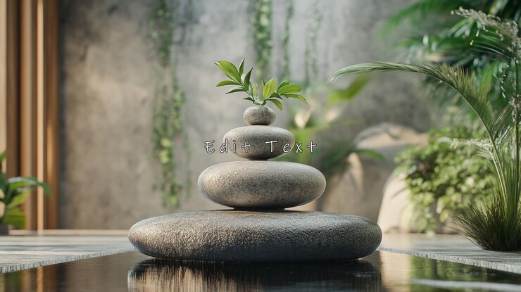 PSD jardin zen serein avec des pierres empilées et des plantes