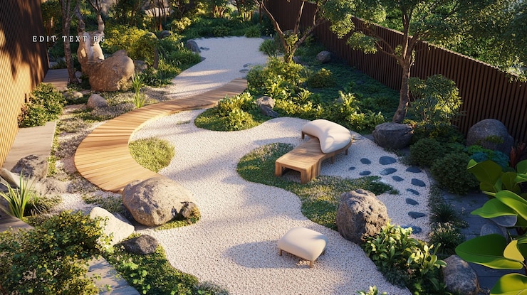 PSD jardin zen serein avec des rochers sinueux et des sièges