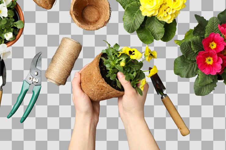 PSD jardinage les mains tiennent soigneusement une petite plante en pot parmi divers outils et matériaux de jardinage isolés sur png blanc