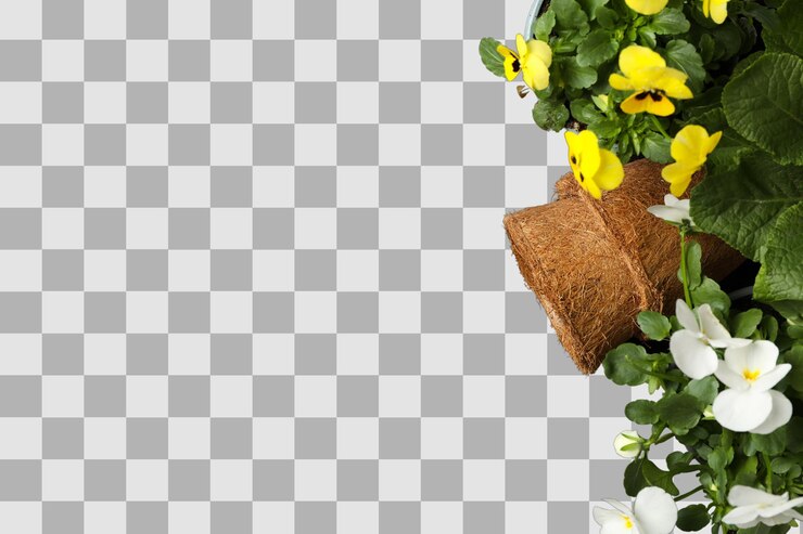 PSD jardinagem flores amarelas e brancas vibrantes em uma plantação aumentam a beleza e o espaço isolado em png branco