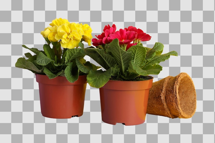 PSD jardinagem flores em vaso amarelas e vermelhas ao lado de uma vaso vazio em um fundo plano isolado em png branco
