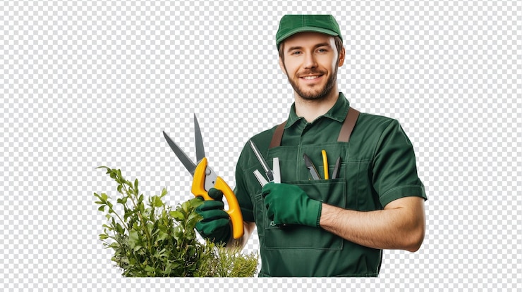PSD jardineiro sorrindo enquanto segura tesouras e tesouras de poda em um jardim exuberante durante o dia