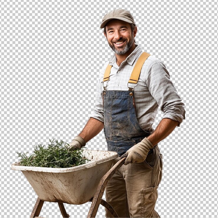 PSD jardiner masculino con carretilla aislado fondo transparente