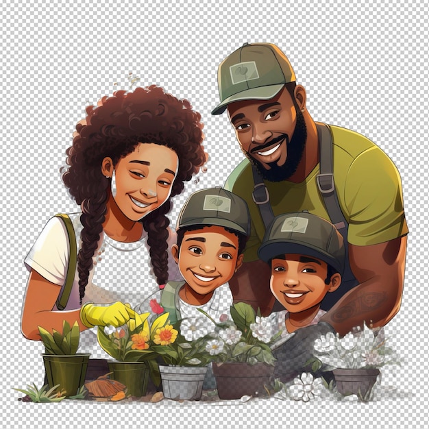 PSD jardinería familiar negra en 3d estilo de dibujos animados fondo transparente