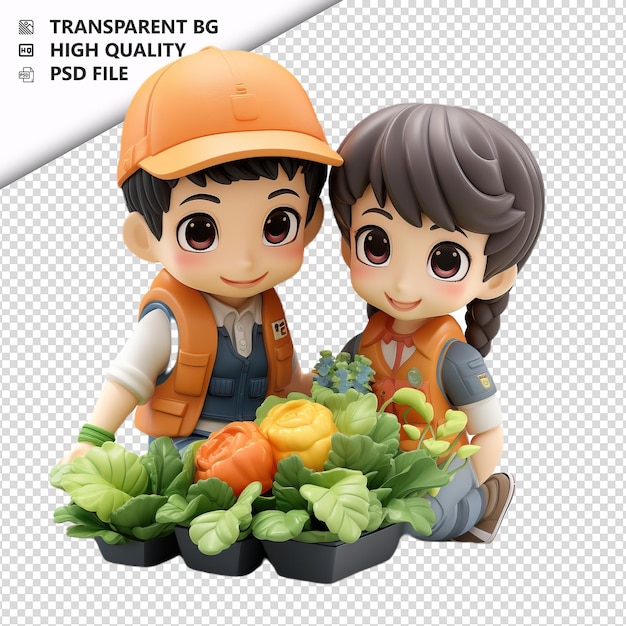 PSD jardinería de pareja asiática en 3d estilo de dibujos animados fondo blanco