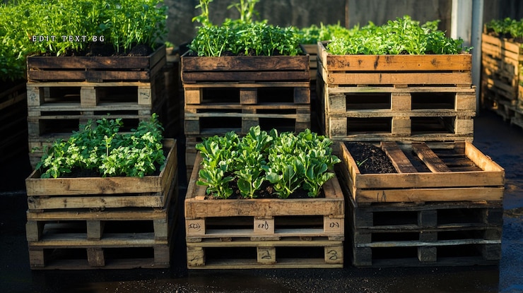 PSD jardinería urbana con varias hierbas y verduras plantadas en paletas de madera reutilizadas