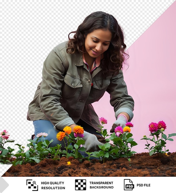 PSD el jardinero encantado que planta flores en una cama de jardín png psd