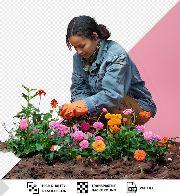 jardinero encantado único que planta flores en una cama de jardín png psd