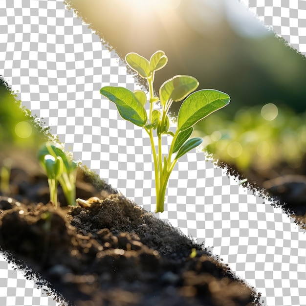 PSD jardineros plantando y cuidando plántulas de flores jóvenes en campos abiertos fondo transparente