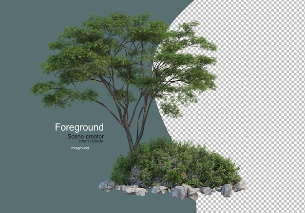 jardines de flores y arbustos con árbol frontal