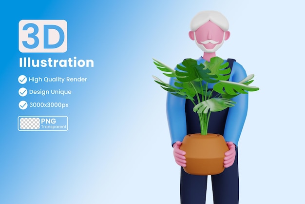 Jardinier Debout Avec Illustration 3d De Plante D'intérieur