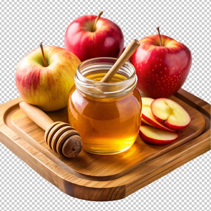 PSD una jarra de miel y manzanas en una bandeja de madera con fondo blanco