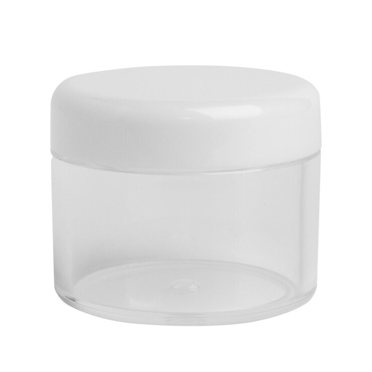 PSD jarre en plastique transparent rond cosmétique avec couvercle sur fond blanc