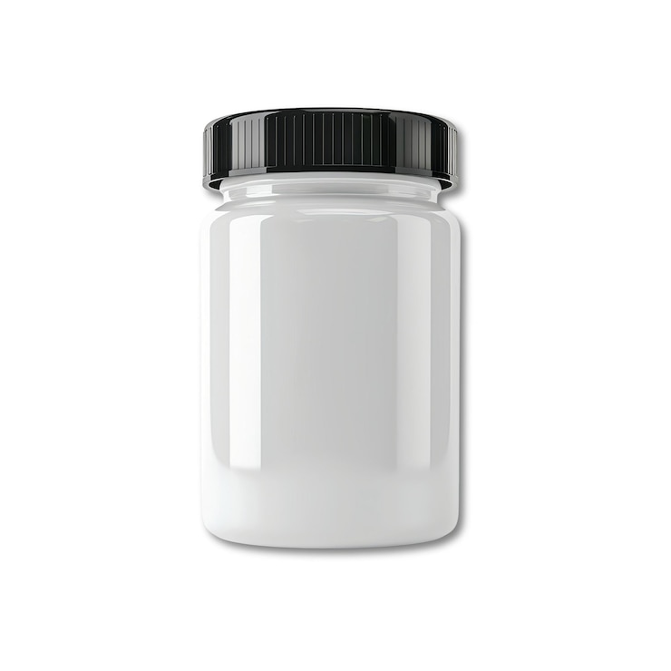 PSD jarre de supplément en plastique blanc avec couvercle noir isolé sur fond transparent