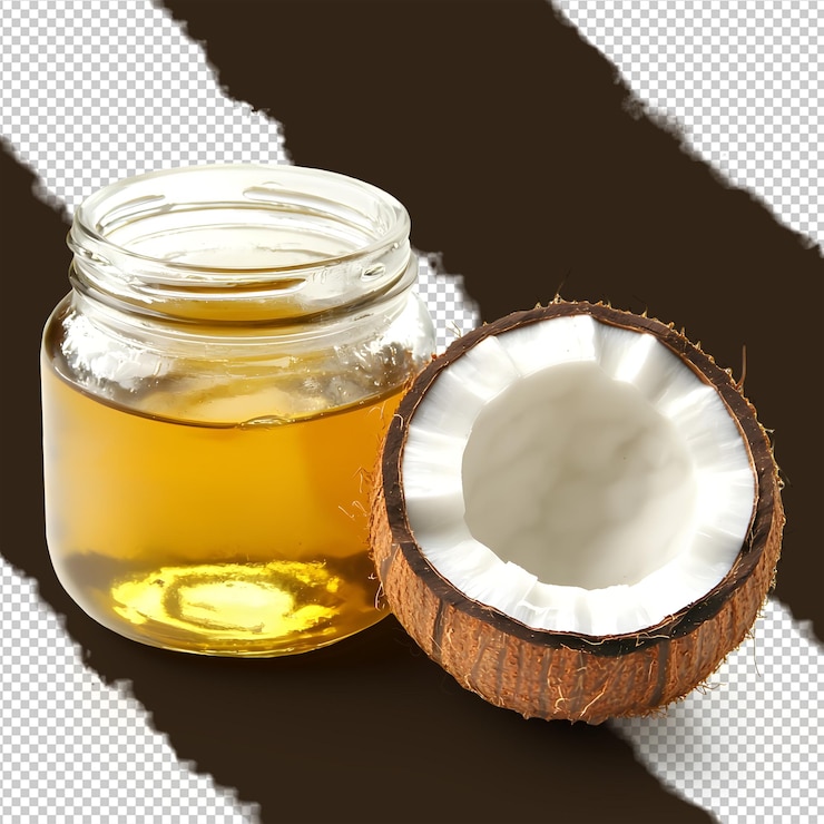PSD jarro de aceite de coco y coco medio aislado