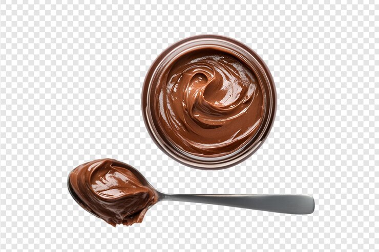 PSD jarro de chocolate espalhado com colher isolado sobre um fundo transparente