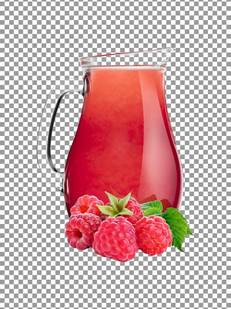 PSD jarro de suco de framboesa fresco com framboesas em fundo transparente