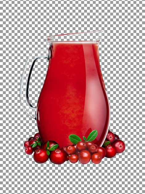 Jarro de jugo de arándano con bayas sobre un fondo transparente