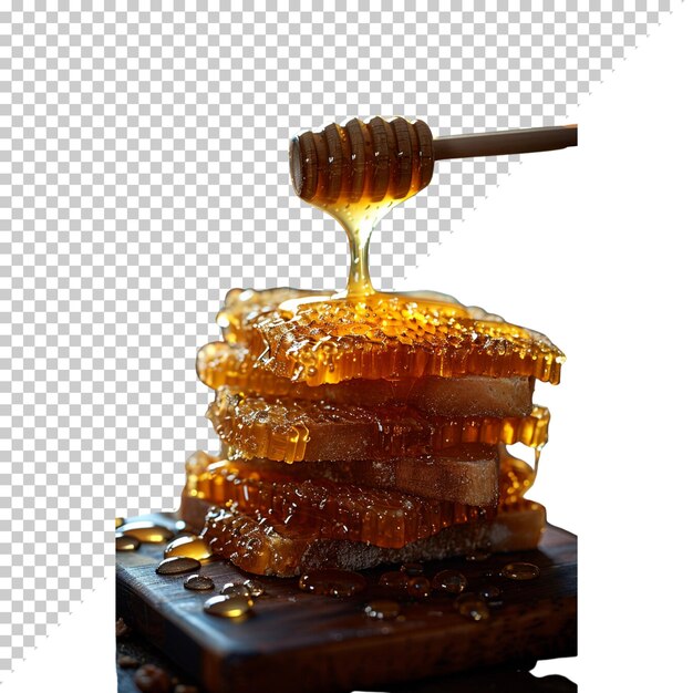 Jarro de miel dulce con abeja aislada sobre un fondo transparente naturaleza