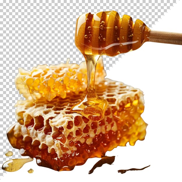 PSD jarro de miel dulce con abeja aislada sobre un fondo transparente naturaleza