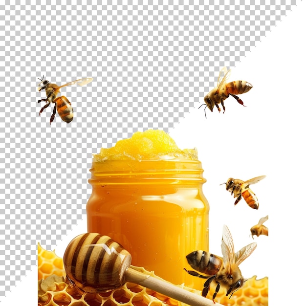 Jarro de miel dulce con abeja aislada sobre un fondo transparente naturaleza