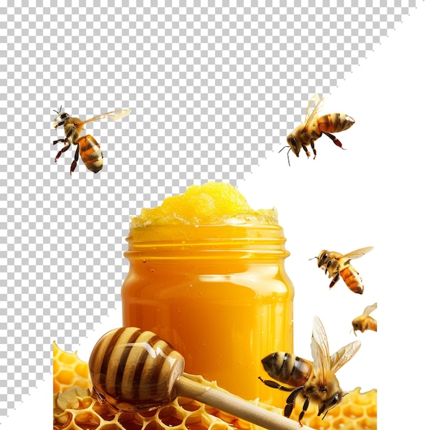 PSD jarro de miel dulce con abeja aislada sobre un fondo transparente naturaleza