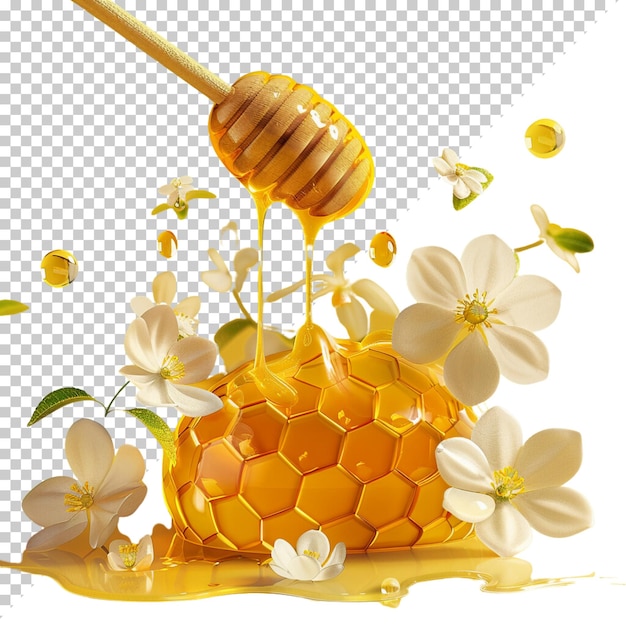 Jarro de miel dulce con abeja aislada sobre un fondo transparente naturaleza