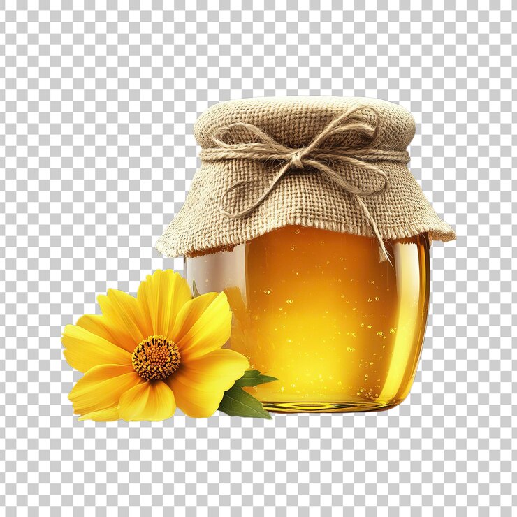 PSD jarro de miel de vidrio con flor amarilla vibrante en un fondo transparente