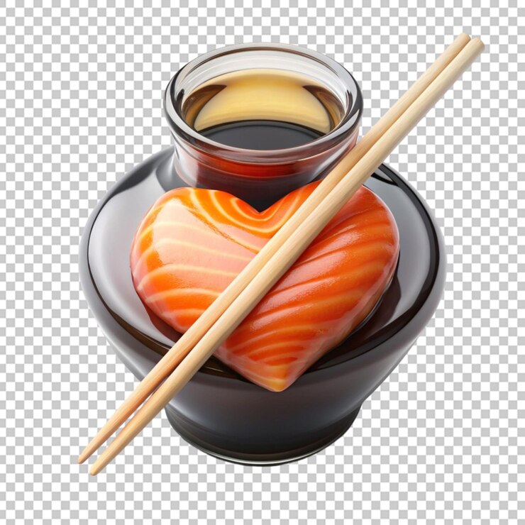 PSD jarro de salsa de soja 3d con salmón en forma de corazón y chuletas
