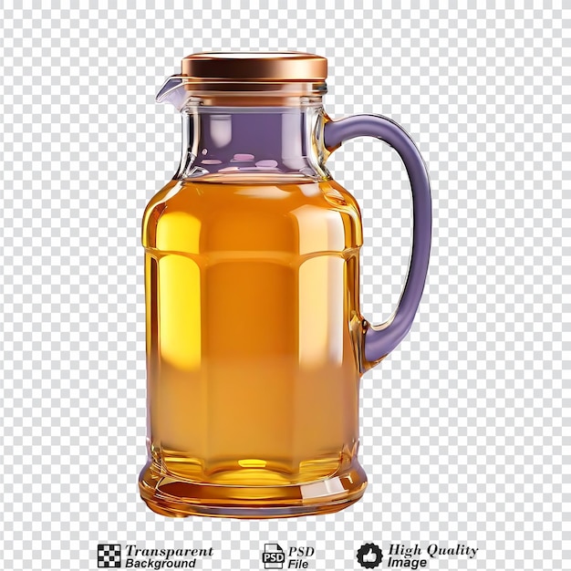 Jarro de vidrio de aceite de cocción o aislado sobre un fondo transparente