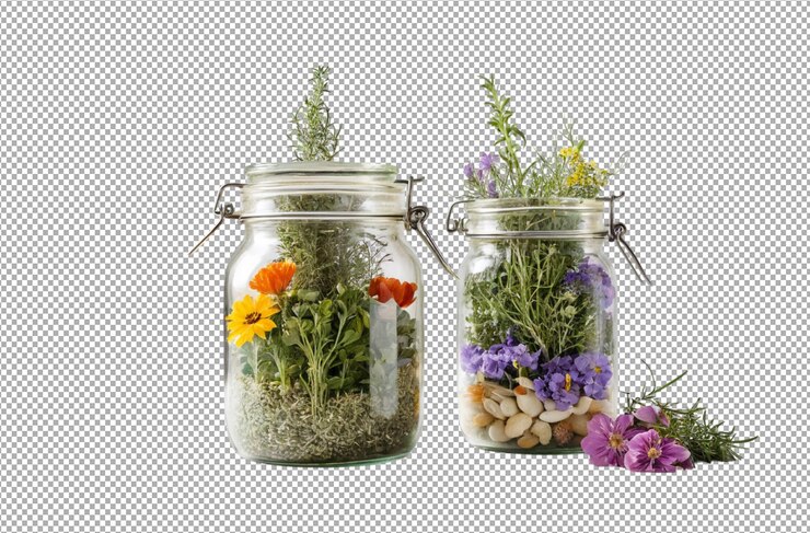 PSD jarro de vidrio lleno de varias hierbas y flores que florecen naturalmente