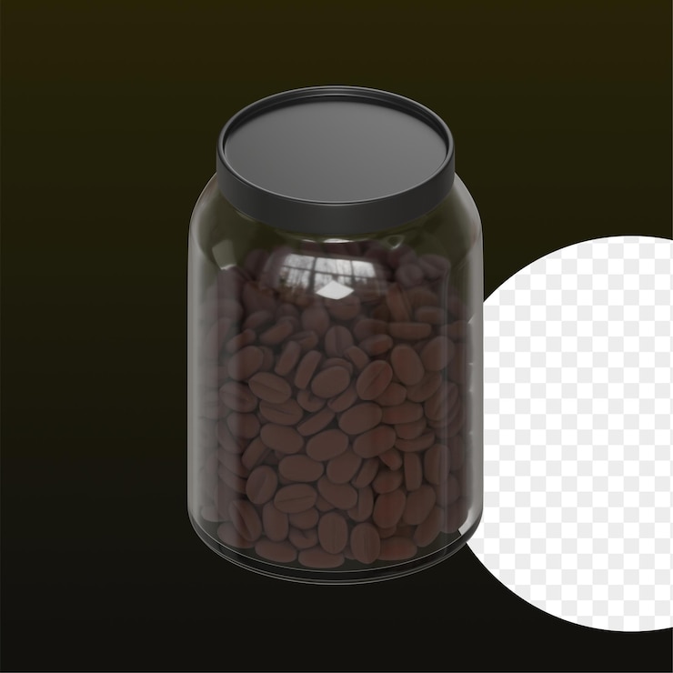 PSD jarro de vidrio transparente con granos de café oscuros en un fondo minimalista