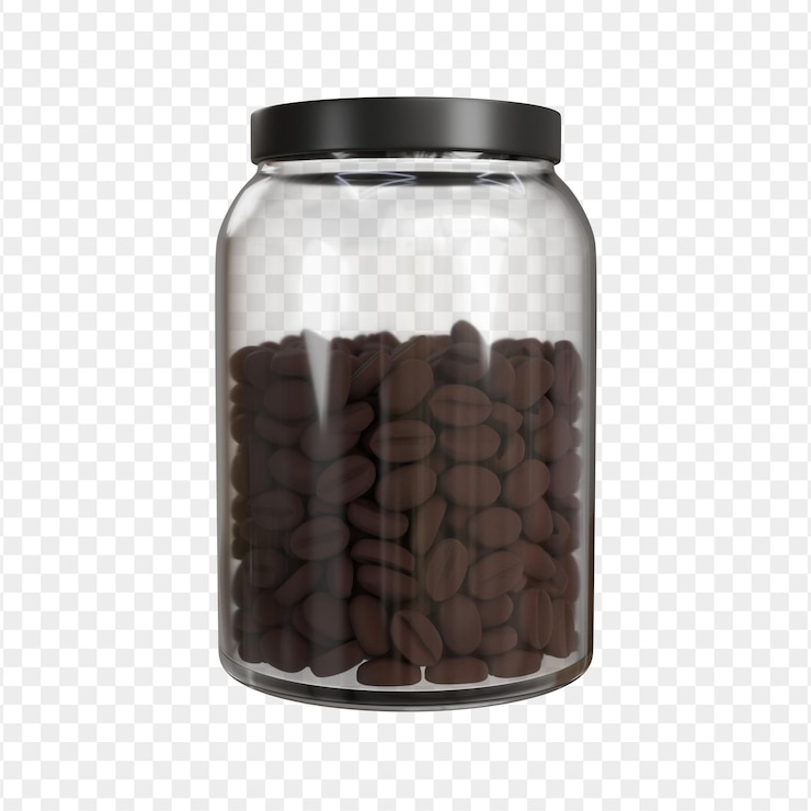 PSD jarro de vidrio transparente con granos de café oscuros en un fondo minimalista