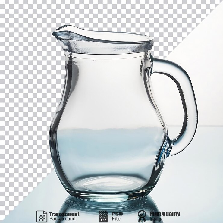PSD jarro de vidrio transparente con mango en superficie reflectante