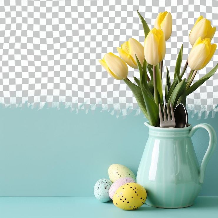 PSD un jarrón con huevos amarillos y huevos de pascua en él