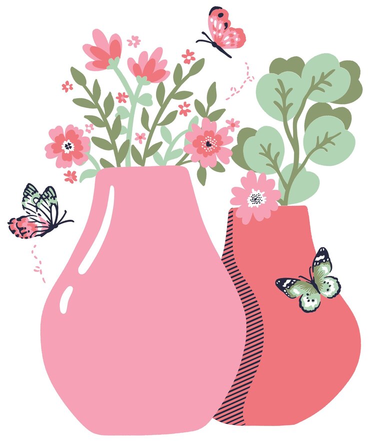 un jarrón rosa con mariposas y mariposas en él