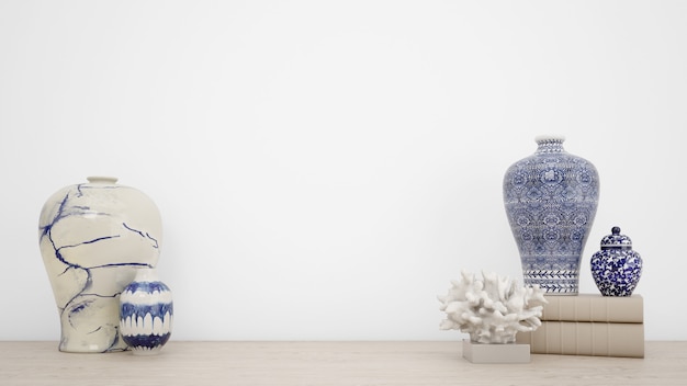 Jarrones clásicos para decoración de interiores y paredes blancas con copyspace