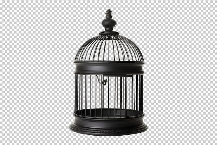 PSD una jaula de pájaros de metal negro aislada sobre un fondo transparente