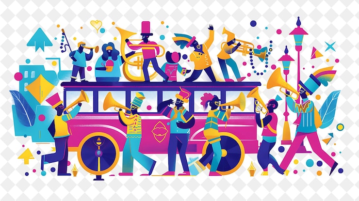 PSD el jazz de nueva orleans con personajes que tienen un diseño de desfile es la ilustración plana del estilo de vida de la gente