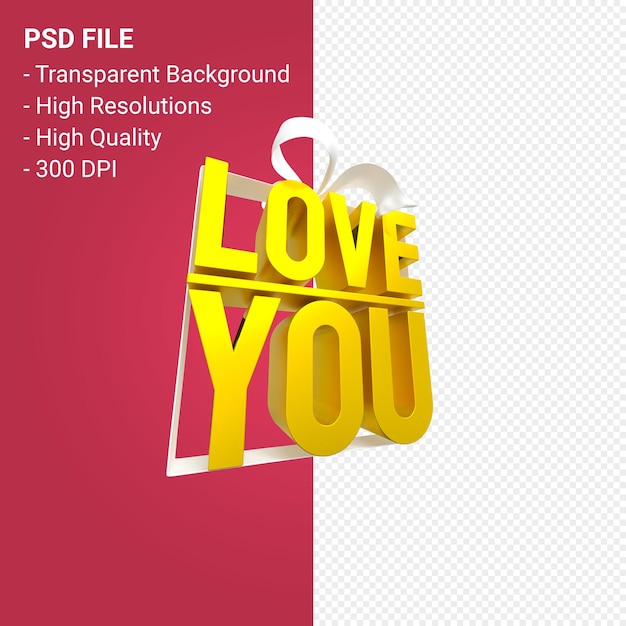 PSD je t'aime avec un arc et un ruban 3d design isolé