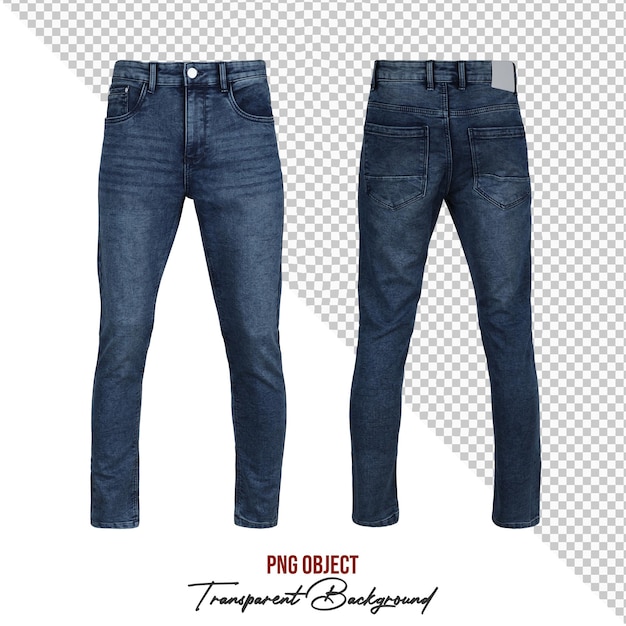 Jeans denim blu vista anteriore e posteriore isolati su uno sfondo trasparente