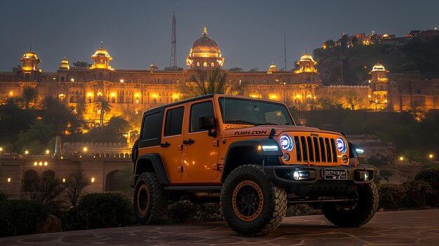 PSD une jeep jaune 2012 garée devant un palais impérial du rajasthan