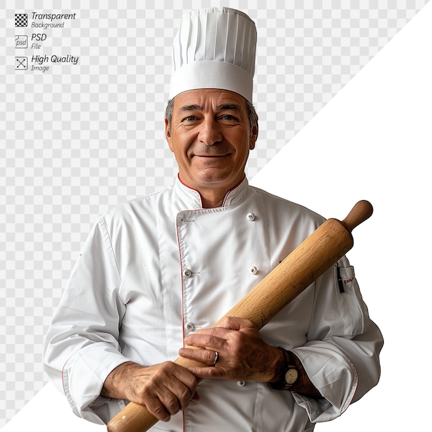 Jefe de cocina con un rodillo en un fondo transparente