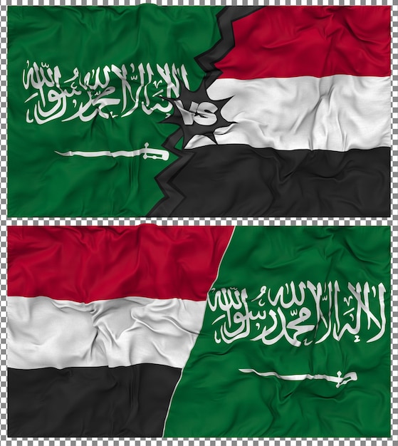 Jemen gegen Saudi-Arabien Halbkombinierte Flagge Stoff-Bump-Textur 3D-Rendering