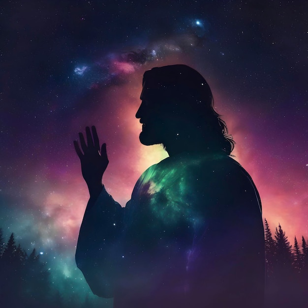 PSD jesucristo con una galaxia de cielo oscuro en el fondo aigenerado