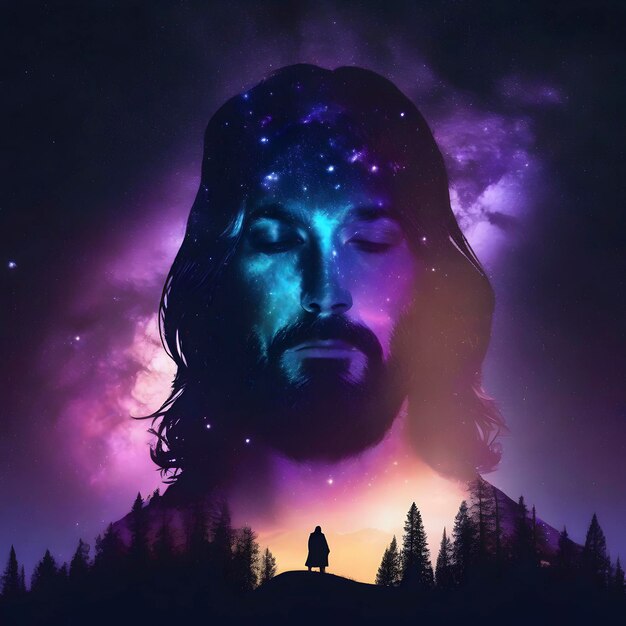 PSD jésus-christ avec une galaxie au ciel sombre en arrière-plan