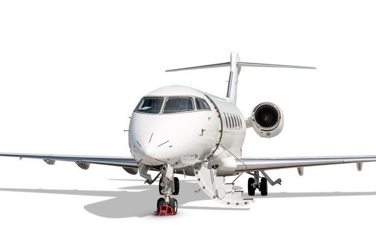 PSD jet de negócios de luxo branco com uma porta de passagem aberta isolada