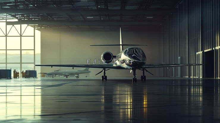 PSD jet privado en el hangar al amanecer