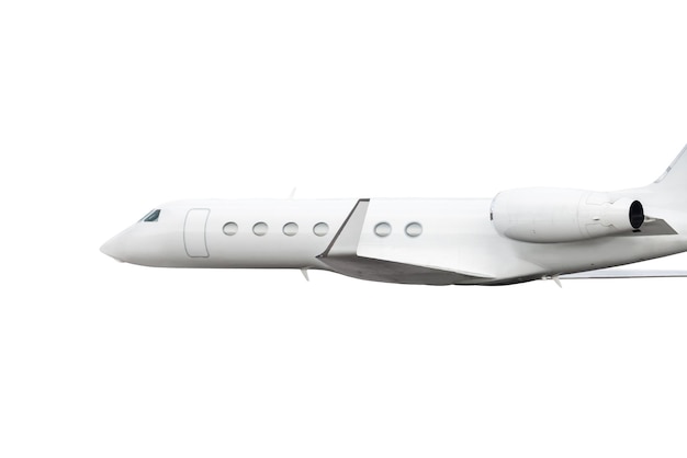 Jet privado de lujo blanco moderno volando aislado