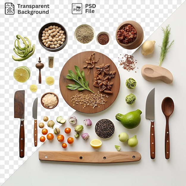 PSD jeu de cuisine persan gourmet avec des épices et des herbes sur une planche à couper en bois